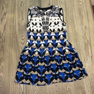 Alfani Dress Mini Geometric Print Sleeveless V Neck Beaded Blue Black Size 12P